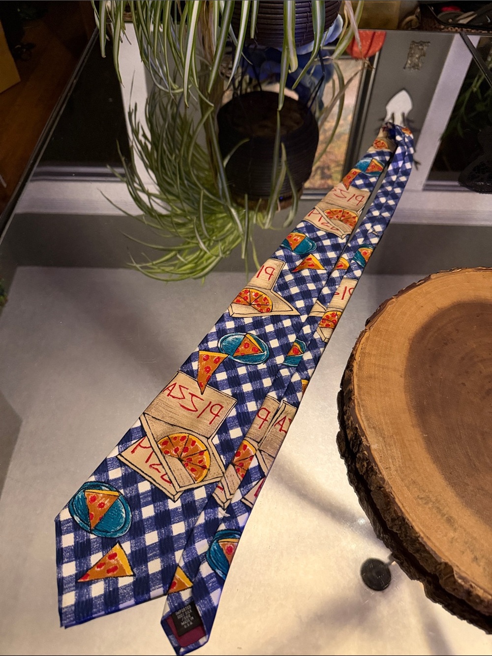 Save The Children Pizza Neck Tie Child Art Blue Gingham 100% Silk Made in US